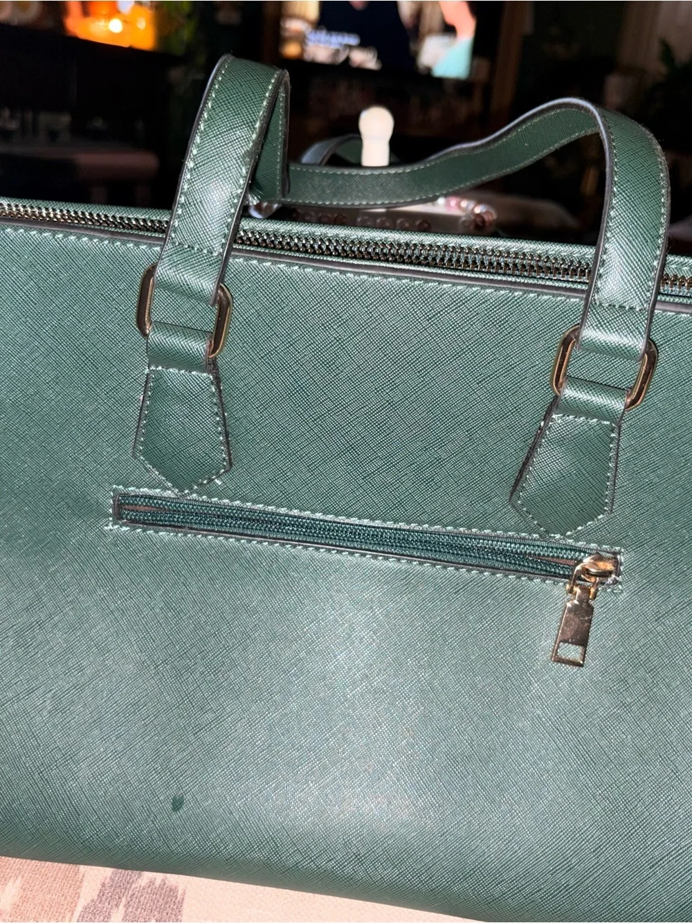 Tory Burch Emerald Green Saffiano Leather Satchel with Logo Charm